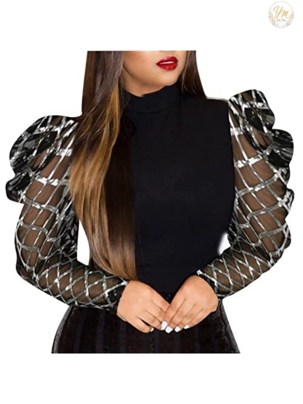 Sequin Mesh Mock Neck Long Sleeve Party Blouse Top